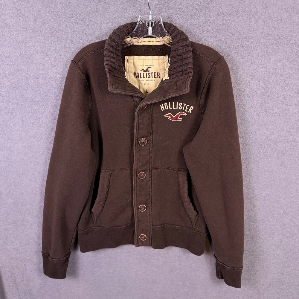 VTG Y2K Hollister Cardigan Mens Large Brown Fleece Lined Mock Neck Button Front